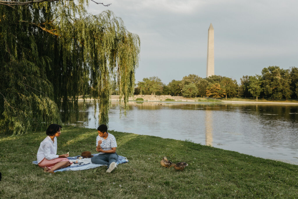 Rebecca Burt Photography. Couple having a picnic with Washington Monument in the distance.